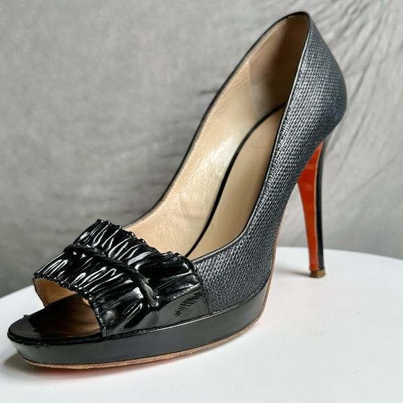 🌺VERSACE👠 Black Leather Open Toe Heels size 36 1/2 - Picture 5 of 12